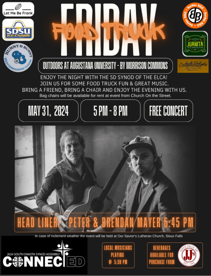 The South Dakota Synod invites you to join us for an evening of good food and great music on the Friday night of Synod Assembly (May 31st), featuring a free concert by the guest musicians for the Assembly, Peter and Brendan Mayer.
